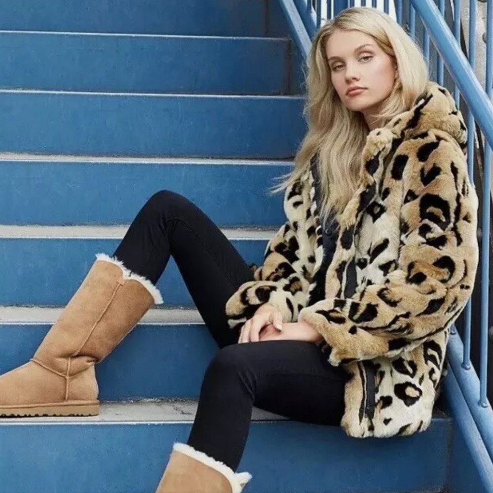 Calvin Klein Faux Fur Leopard Cheetah Animal Print Hooded Coat